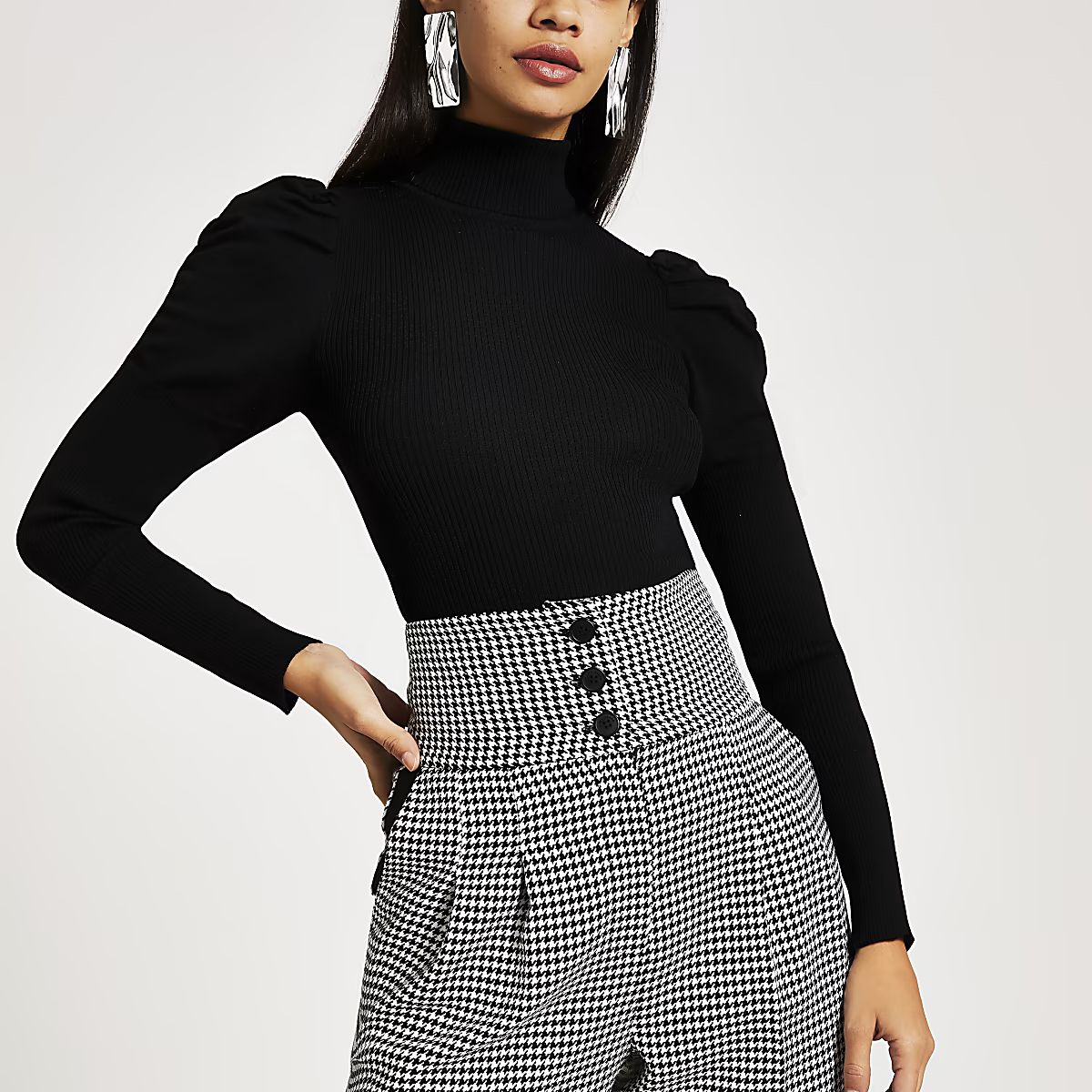 Black roll neck puff sleeve knitted top | River Island (UK & IE)
