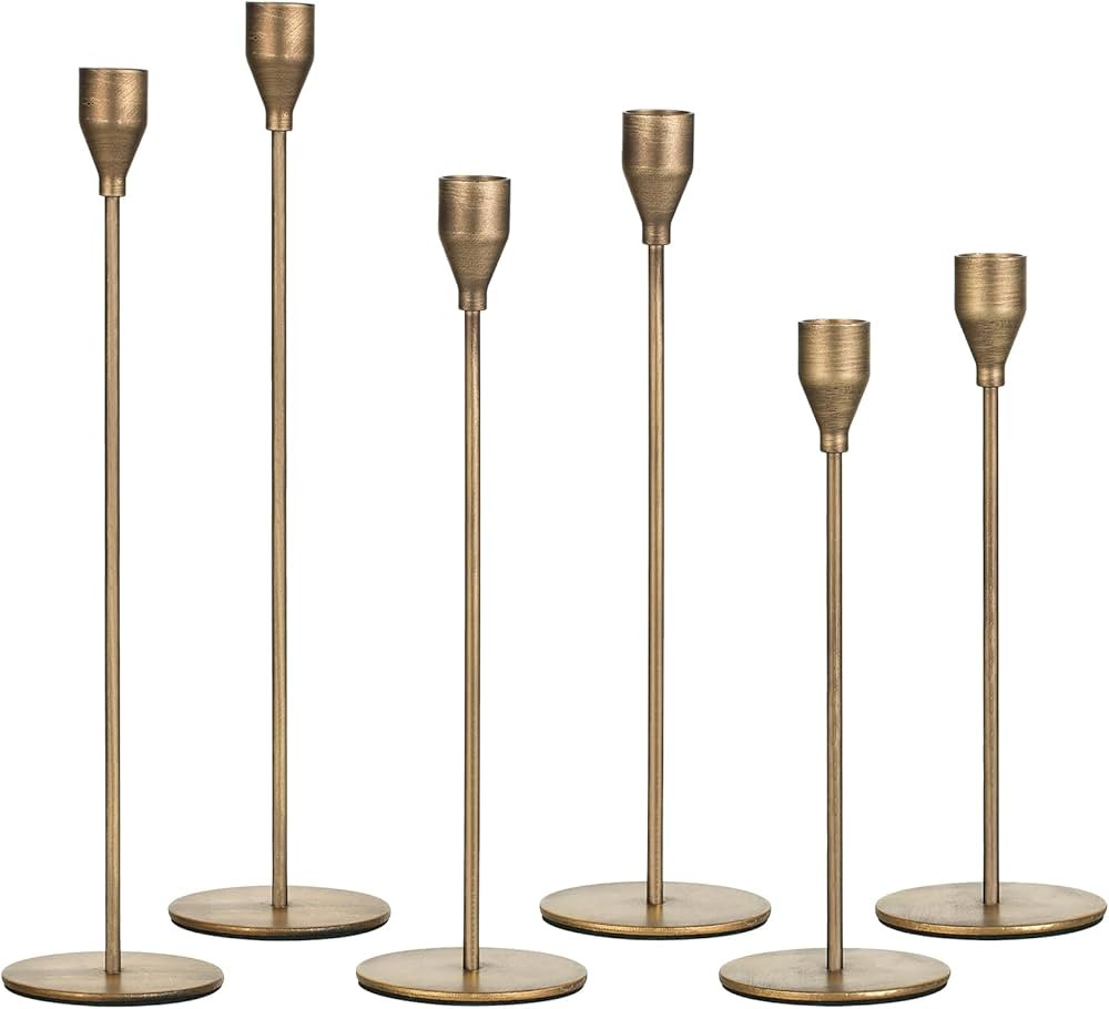 Brass Taper Candle Holders: Set of 6 Tall Candlestick Holder for Table Centerpiece Metal Gold Can... | Amazon (US)