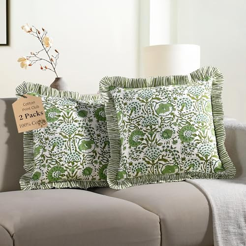 CPC Agate Green Ruffle Throw Pillow Covers for Couch, 24x24 Inch Cotton Stripe Ruffle Couch Pillows for Living Room, Hidden 20 Inch Zipper Boho Pillow Case or Cute Outdoor Pillows | Amazon (US)