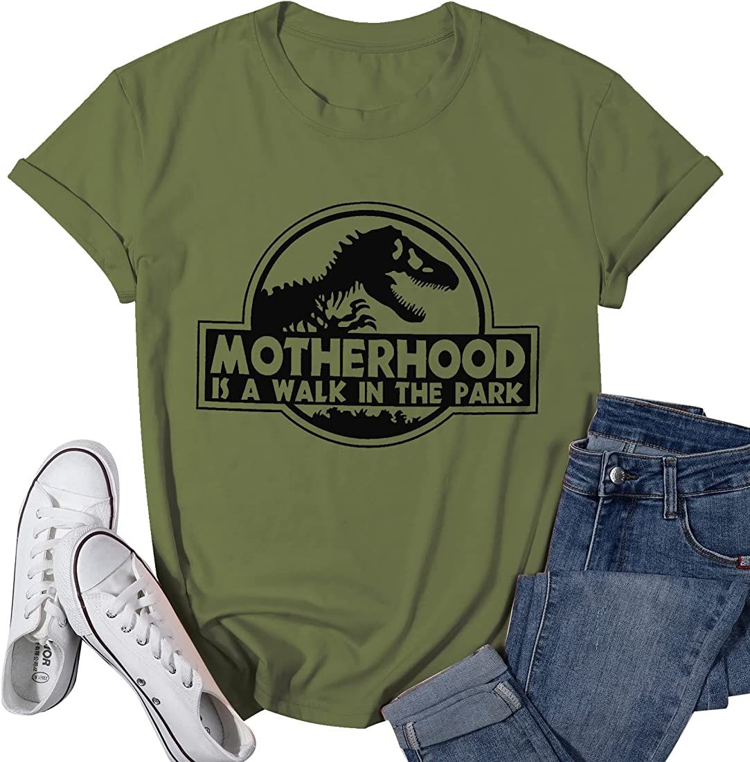 Dinosaur Shirt Women Mama Saurus Shirts Cute Dinosaur Mom Graphic Tee Motherhood is A Walk in The... | Amazon (US)
