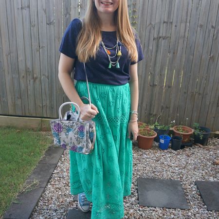 Blue and green again with my navy tee and Kmart green broderie midi skirt 💙💚 added more print and colour with my accessories and this little hand painted Rebecca Minkoff mini MAB tote bag 💕

#LTKitbag #LTKaustralia #LTKworkwear