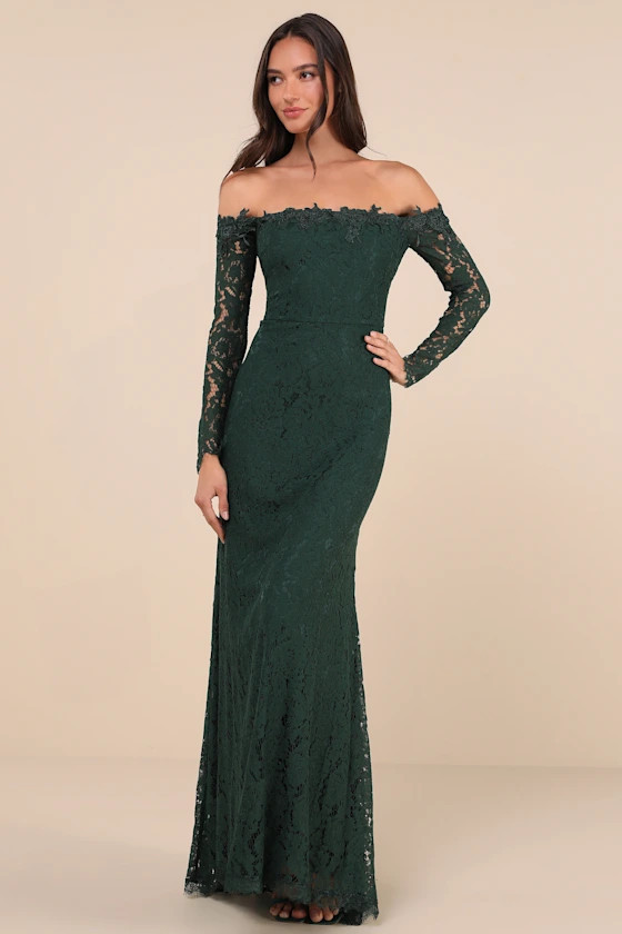 Romance Dreamer Green Lace Off-the-Shoulder Maxi Dress | Lulus