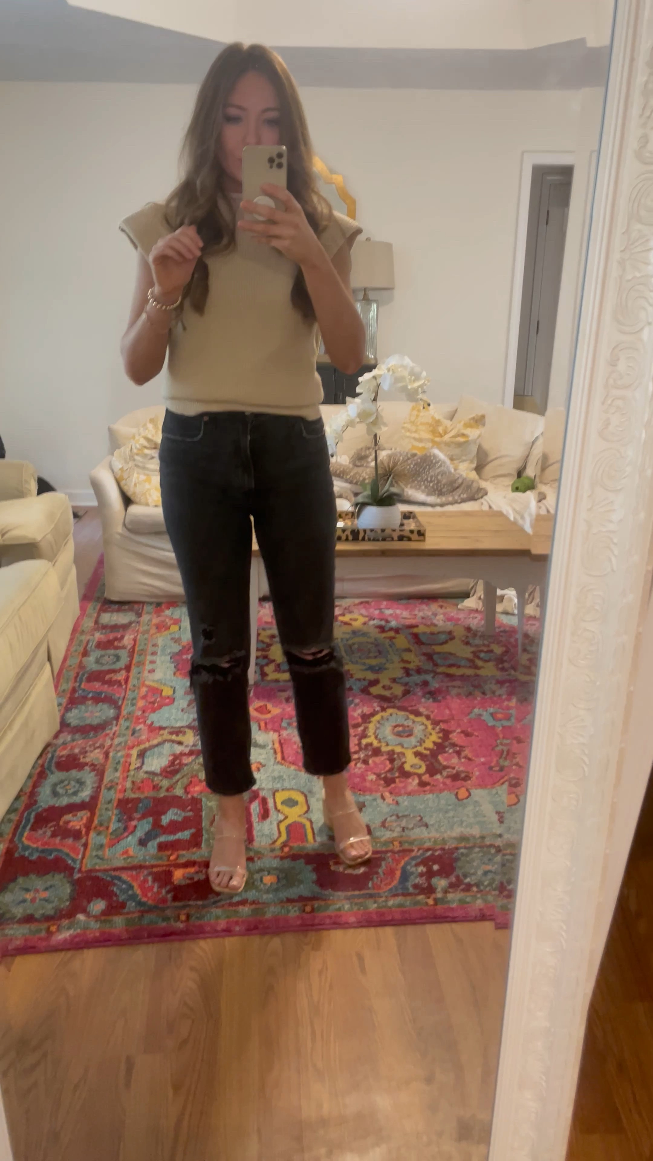 Amazon sleeveless shoulder pad sweater. Abercrombie high waisted jeans (only select few Leaving now clearance). Last season Target heeled sandals. 

#LTKworkwear #LTKunder50