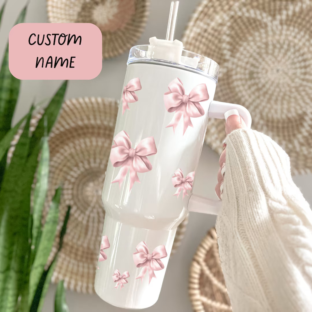 Personalized Pink Bow Travel Mug Coquette Bow Tumbler Cute Bow Mug With Custom Name Pink Coquette... | Etsy (US)