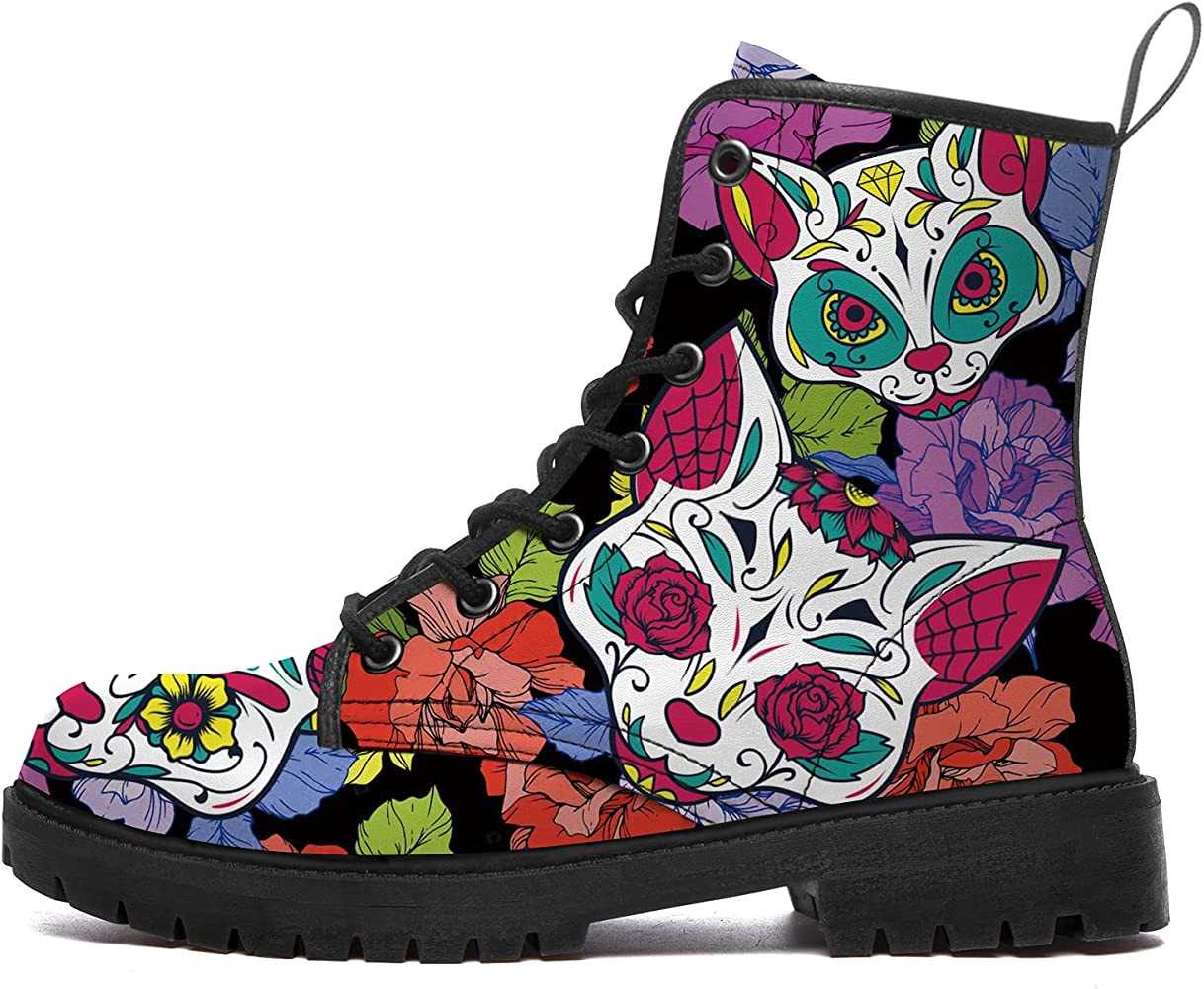 Sugar Skull Cat Boots Womens Mens Combat Boots Waterproof Boot Round Toe Low Heel Lace Up Work An... | Amazon (US)