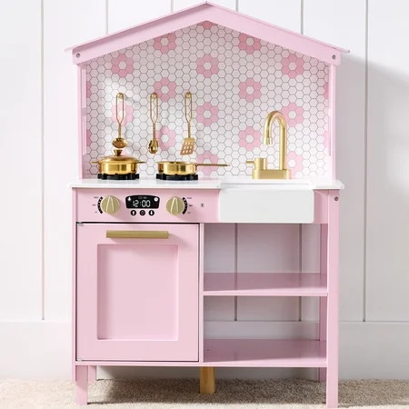 Best Choice Products Pretend Play Wooden Farmhouse Kitchen Set w/ Storage, Clicking Knobs, 5 Accessories - Rose | Walmart (US)
