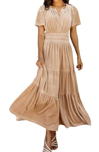 R.Vivimos Women's Fall Winter Vintage Velvet Dress Short Sleeve V Neck Elastic Waist Tiered Ruffle A-Line Flowy Elegant Maxi Dress (Medium, Champagne) | Amazon (US)