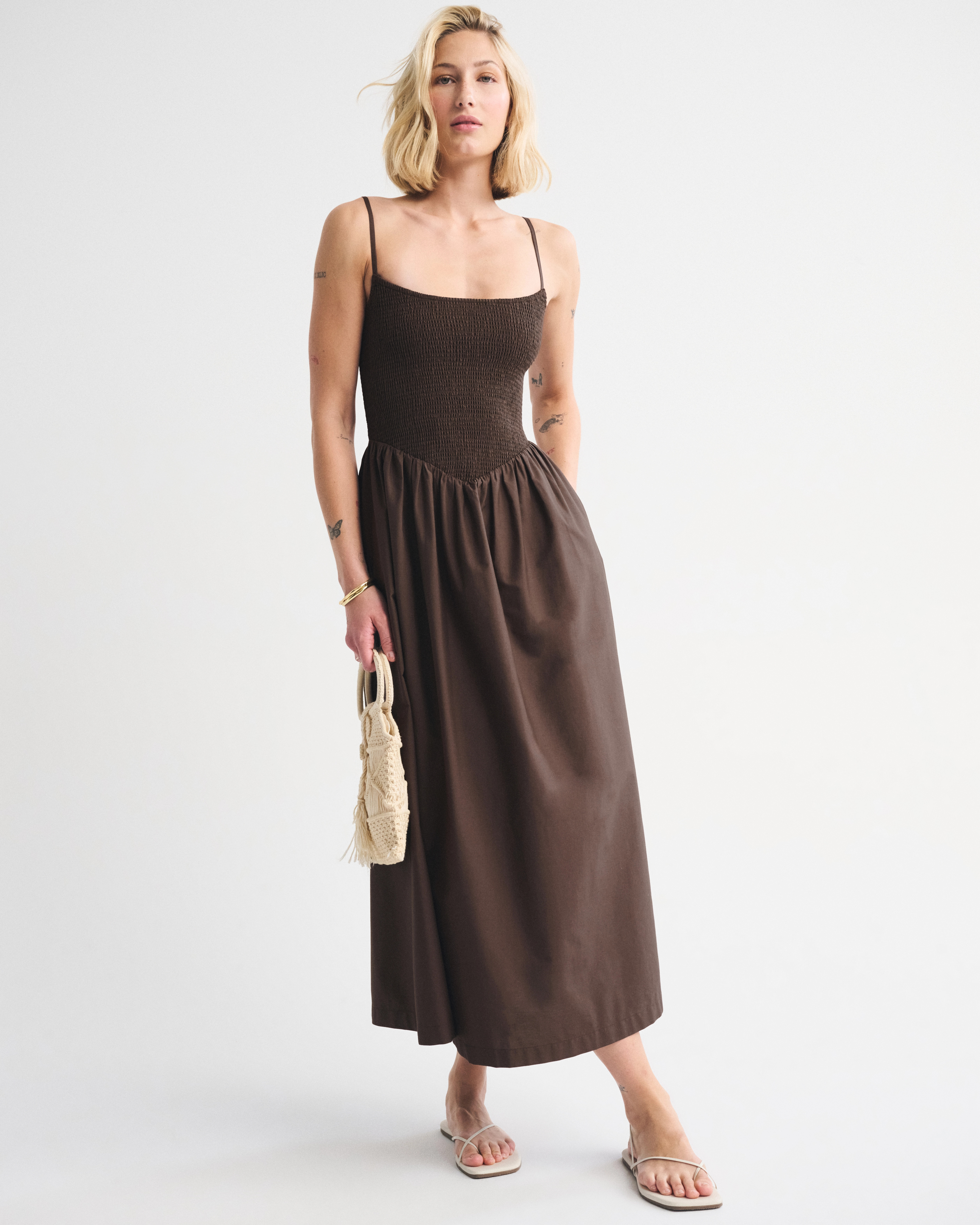 A&F Sydney Smocked Dipped-Waist Midi Dress | Abercrombie & Fitch (US)