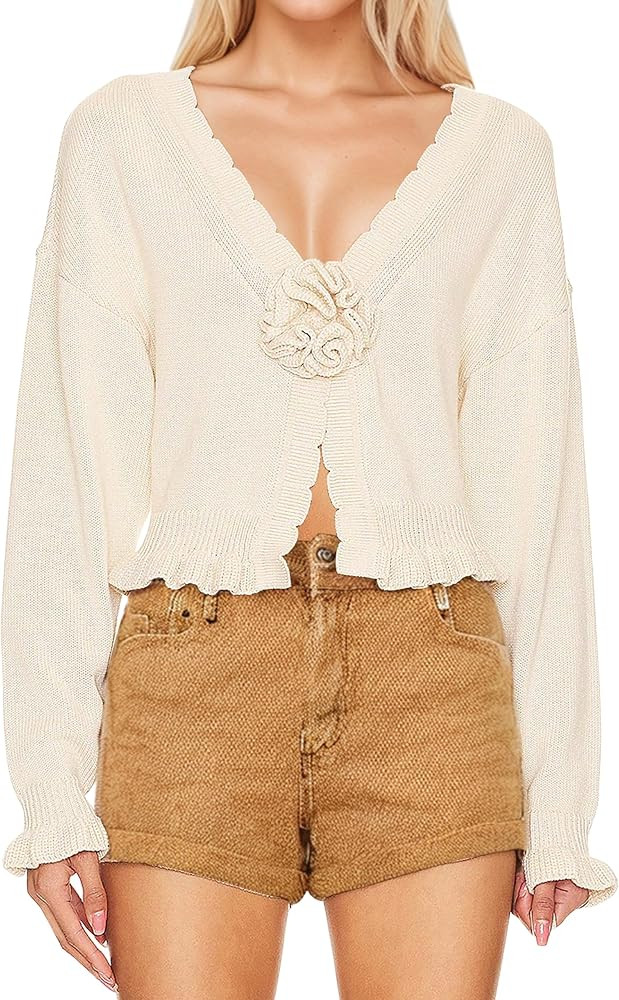 Meladyan Women’s Vintage Flower Slit Sweater Top Sexy Deep V Neck Knit Crop Tops Long Sleeve Y2... | Amazon (US)