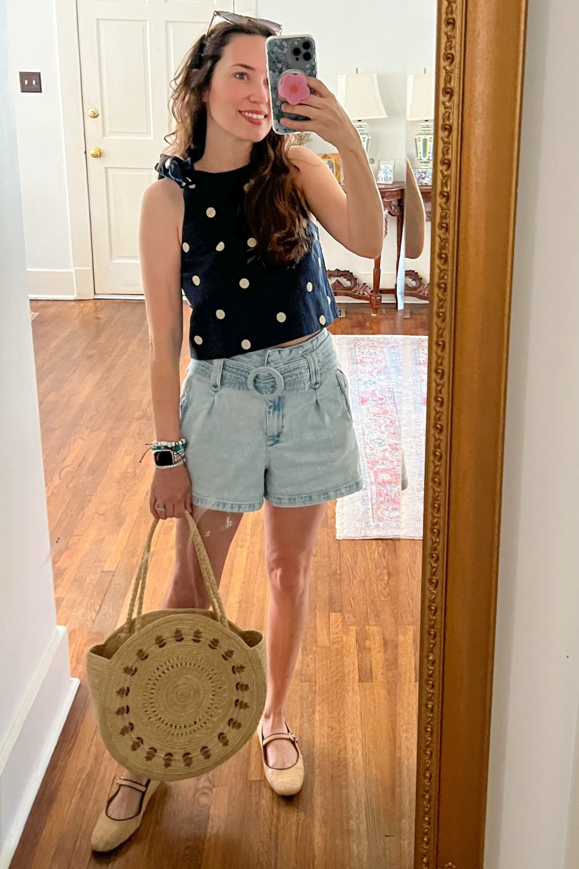 Sezane Summer ☀️ paper bag high waisted denim shorts with a Polka dot crop top and straw circle tote bag. 

#LTKSeasonal #LTKItBag