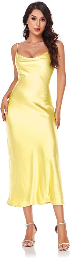 Women's Spaghetti Strap Midi Satin Silk Dresses Slip Cowl Neck Party Cocktail Evening Sexy Dress | Amazon (US)
