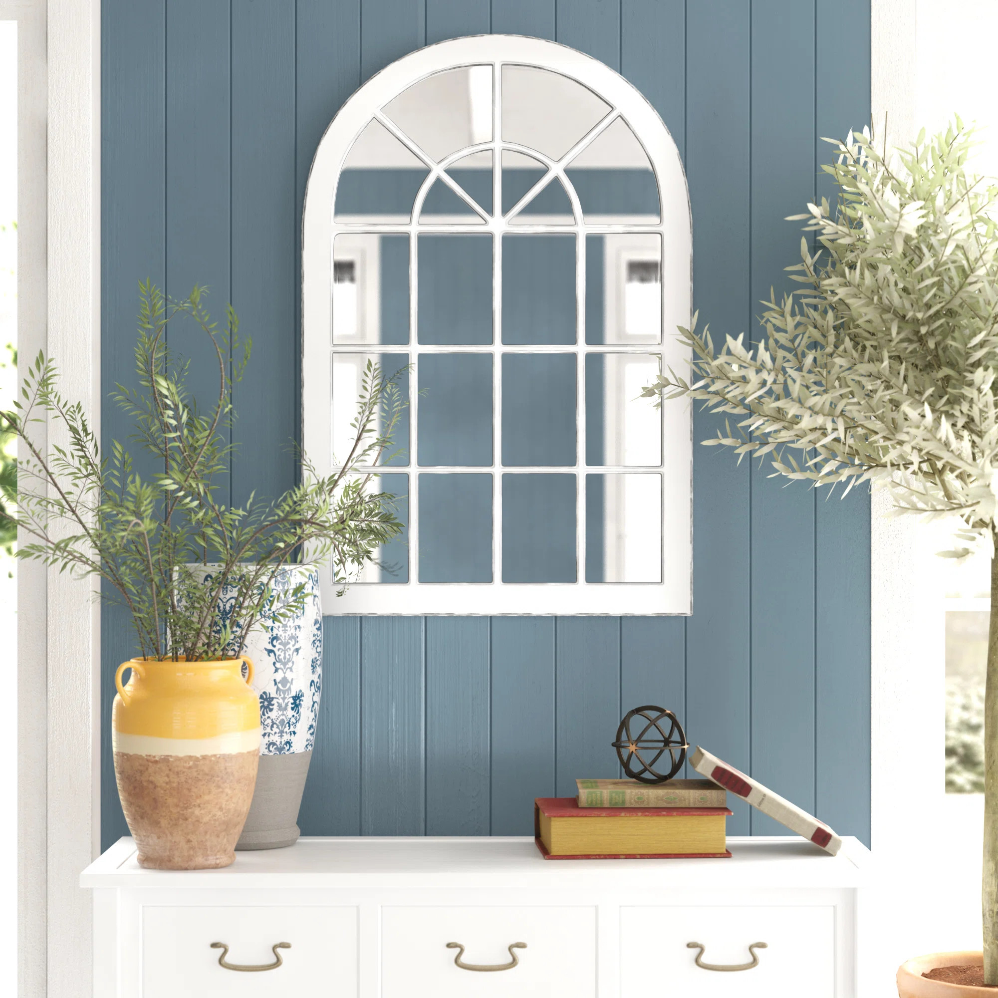 Sieglinde Arched Windowpane Distressed Accent Mirror | Wayfair North America