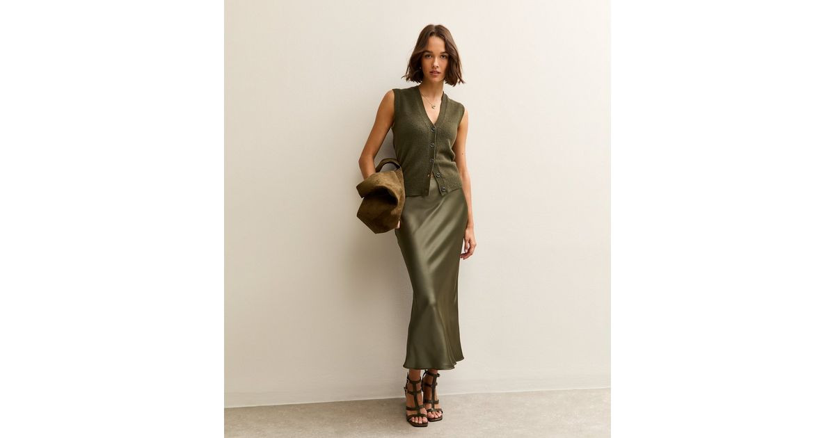 Light Khaki Satin Bias Cut Midi Skirt | New Look | New Look (UK)