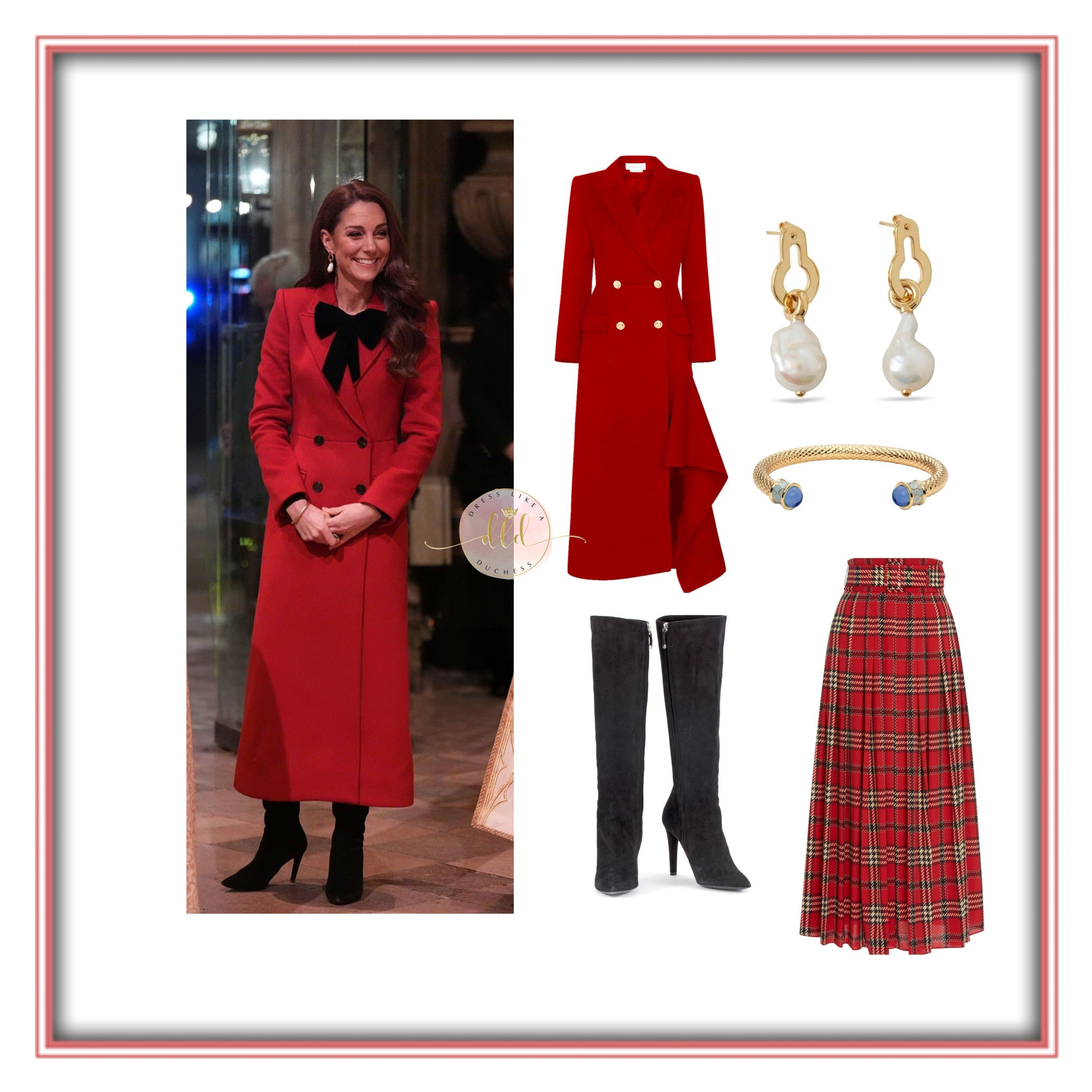{New} Kate Middleton in red Alexander McQueen coat, Emilia Wickstead Pris plaid skirt and new Mulberry Amberley earrings for her annual Together at Christmas Carol concert (December 6, 2024)