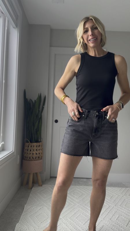 The BEST longer length shorts for summer!! I love this vintage black wash, mid-rise + perfect mid thigh length! I went up a size in my shorts (I like a nice relaxed fit) these do have great stretch 👏🏻

#LTKxMadewell #LTKOver40 #LTKFindsUnder100