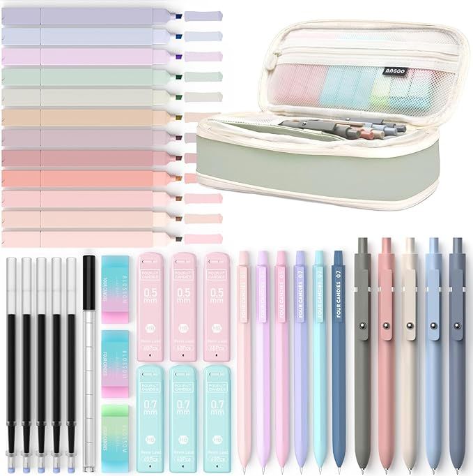 Four Candies 39 PCS Aesthetic School Supplies with Cute Pen Case, 12 Pastel Highlighters, 5 Black... | Amazon (US)