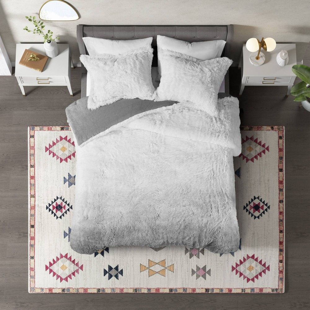 King Cleo 3pc Ombre Shaggy Faux Fur Comforter Set Gray - CosmoLiving by Cosmopolitan | Target