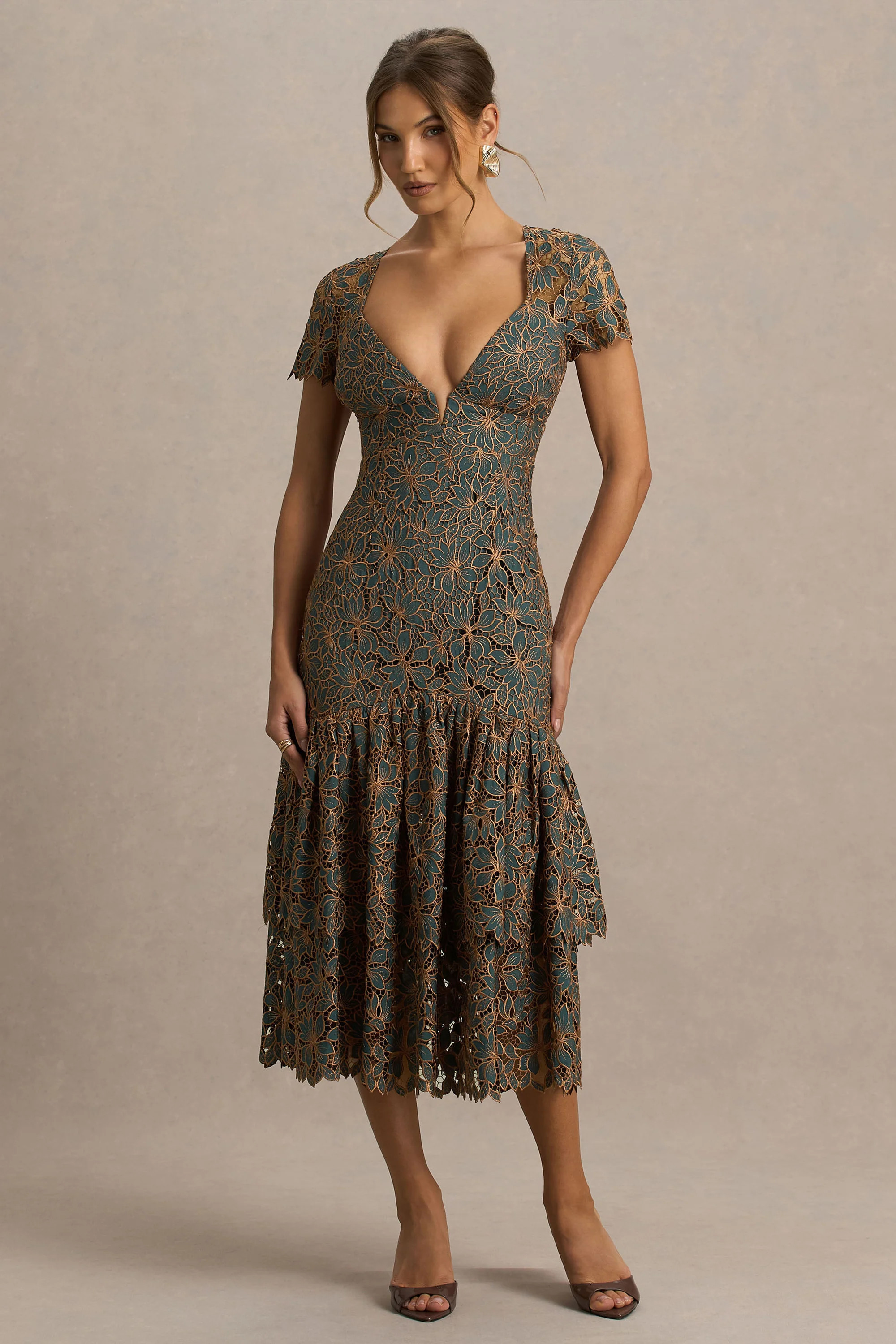 Sabrina | Dark Green And Rust Embroidered Plunge-Neck Midi Dress | Club L London