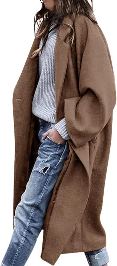 Women's Winter Wool Coat Notch Lapel Single Breasted Casual Mid Long Pea Trench Coat | Amazon (US)