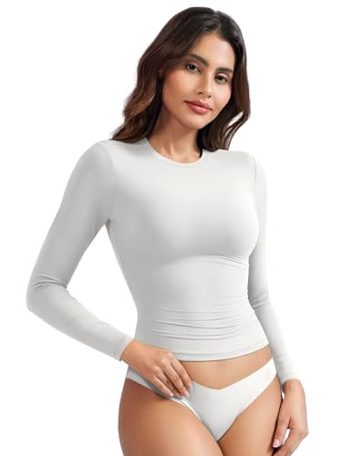 YEOREO Long Sleeve Shirts for Women y2k Tops Double Lined Basic Tee Crew Neck Going Out Sweeney Workout Undershirt White S | Amazon (US)