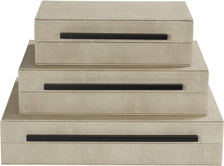 Set of 3 Ivory faux Shagreen Leather Decorative Storage Boxes with Black Metal Handles- Stylish a... | Amazon (US)
