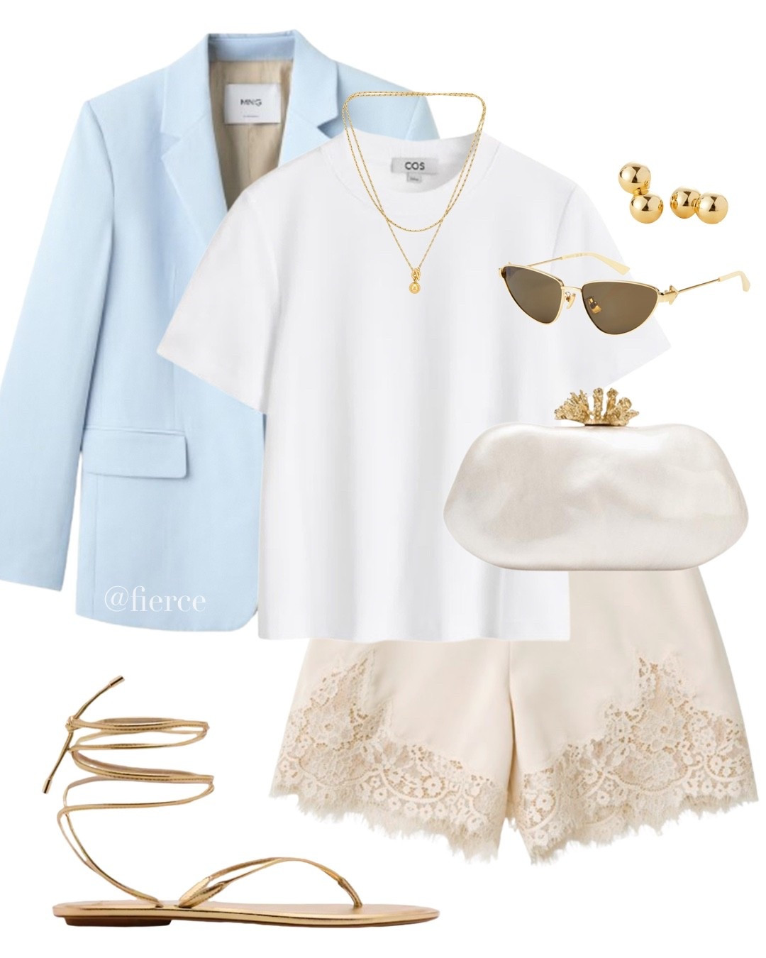 Blue blazer white satin lace shorts gold tie up sandals chic outfit lunch date  

#LTKspring #LTKsummer #LTKuk