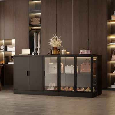 Black Woodgrain Closet Island With LED Lighting & Glass Doors | Wayfair North America