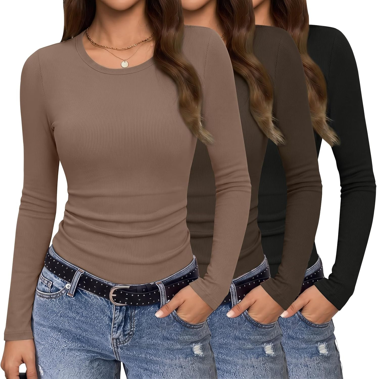 Popclub 3 Packs Womens Long Sleeve Shirts Ribbed Layering Tops Basic Tee | Amazon (US)