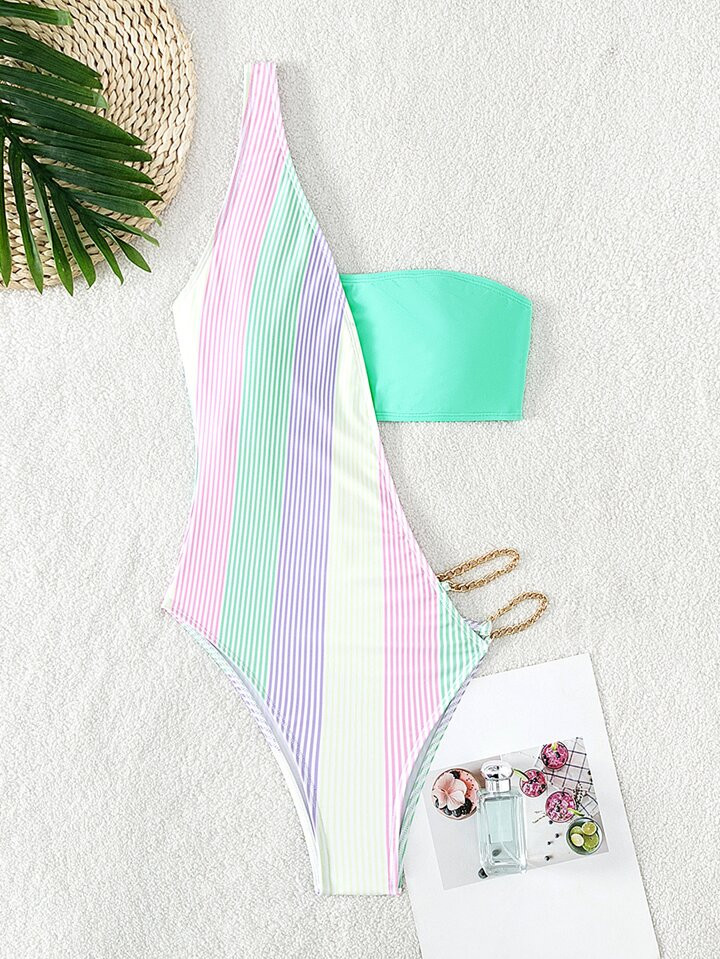Striped Cut Out One Shoulder One Piece Swimsuit | SHEIN