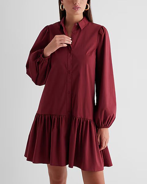 Ruffle Hem Oversized Poplin Mini Shirt Dress | Express