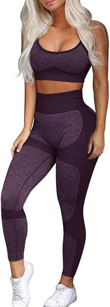 OLCHEE Women\u2019s Workout Sets 2 Piece - Seamless Yoga Leggings and Cross-Strap Sports Bra Gym ... | Amazon (US)
