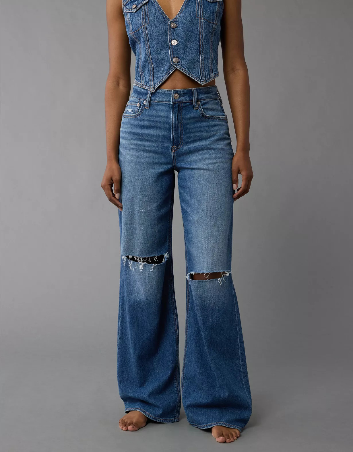 AE Dreamy Drape Stretch Super High-Waisted Baggy Wide-Leg Ripped Jean | American Eagle Outfitters (US & CA)