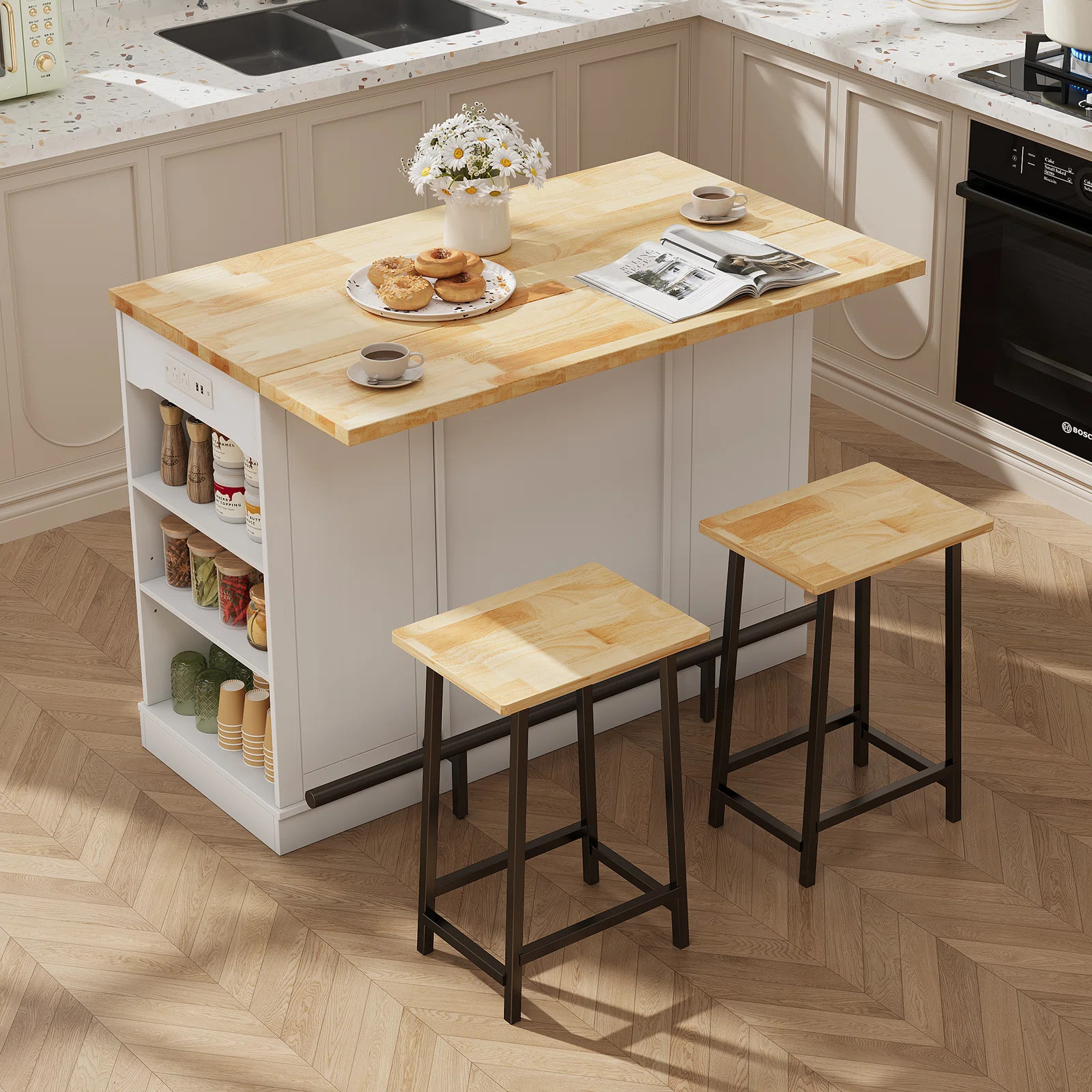 Kitchen Island With Storage Cabinet And Trash Cabinet,  3 Pieces Kitchen Dining Table Set With 2 ... | Wayfair North America