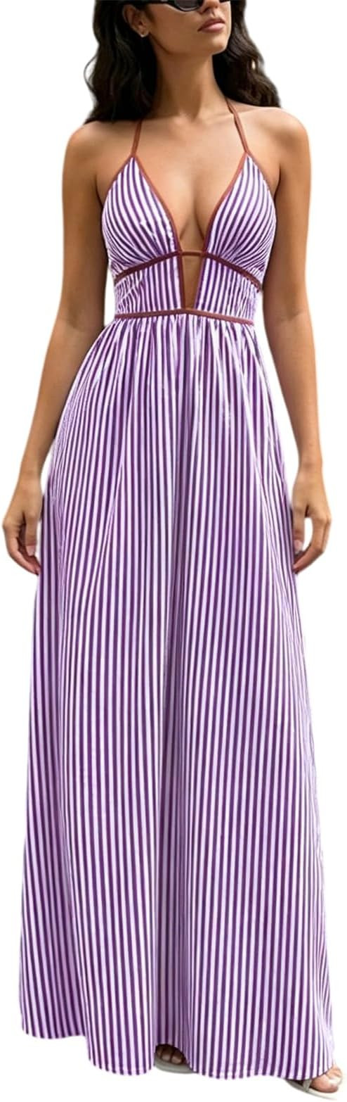 2025 New Women's Deep V Neck Striped Maxi Dress, Sleeveless Backless A-Line Long Dress for Party ... | Amazon (US)