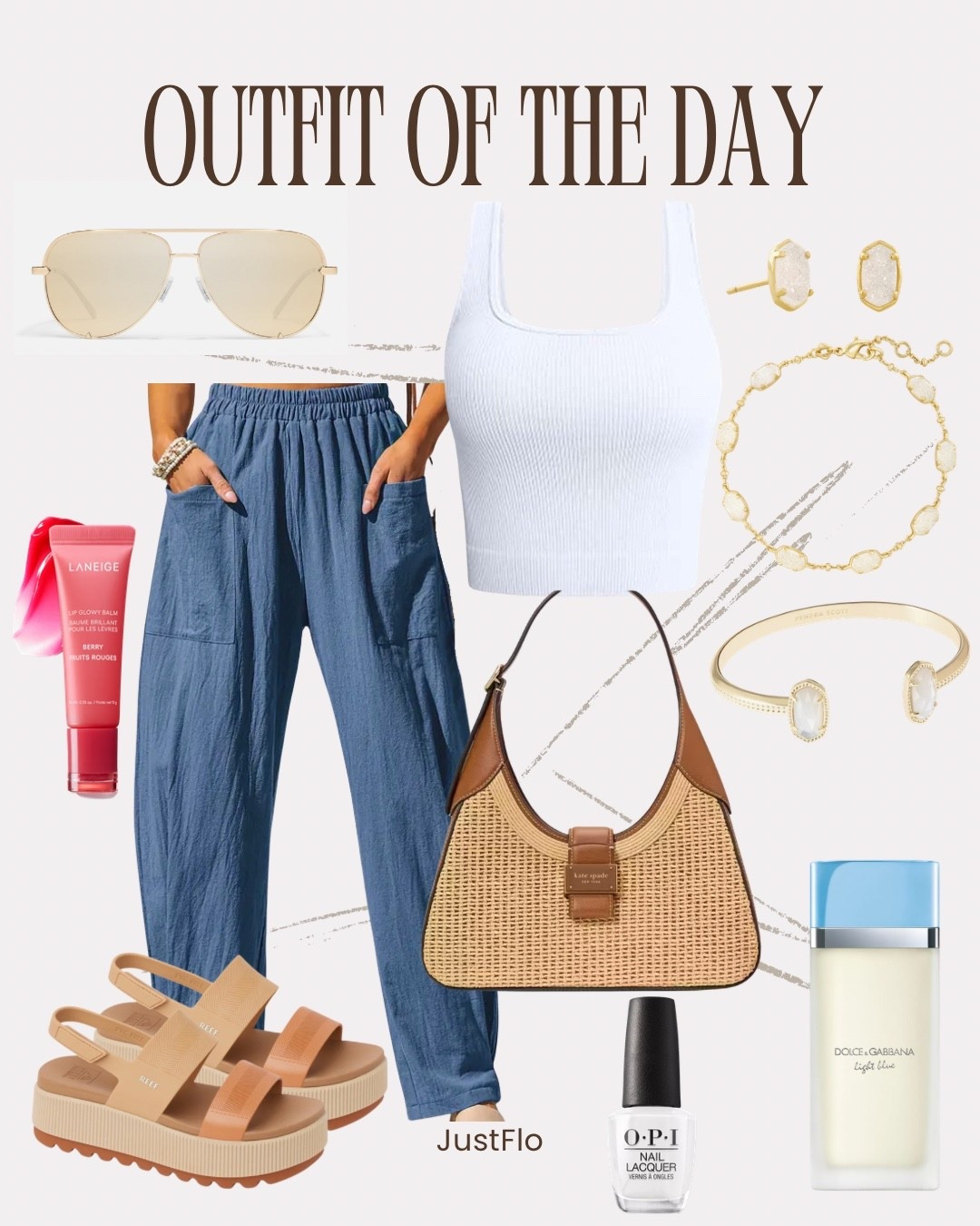 Summer-ready and effortless 🤍☀️
Today’s outfit of the day is all about comfortable, chic, and easy pieces you can wear from errands to lunch with friends. I paired these lightweight blue pants with a simple white tank and neutral platform sandals for that relaxed but put-together look.

Finished it off with gold jewelry, my favorite woven bag, sunnies, and a fresh spritz of Light Blue for the perfect everyday vibe. These are the kind of staples you’ll reach for all season long!

Everything is linked here for you 🤍

#LTKStyle #LTKFinds #LTKUnder100 #LTKSpringStyle #LTKSummerStyle #OOTD #CasualChic #EverydayStyle #NeutralStyle #MomStyle #EffortlessStyle #LTKFashion #Outfit #JustFlo #summeroutfit

#LTKgrwm #LTKootd #LTKmomlife