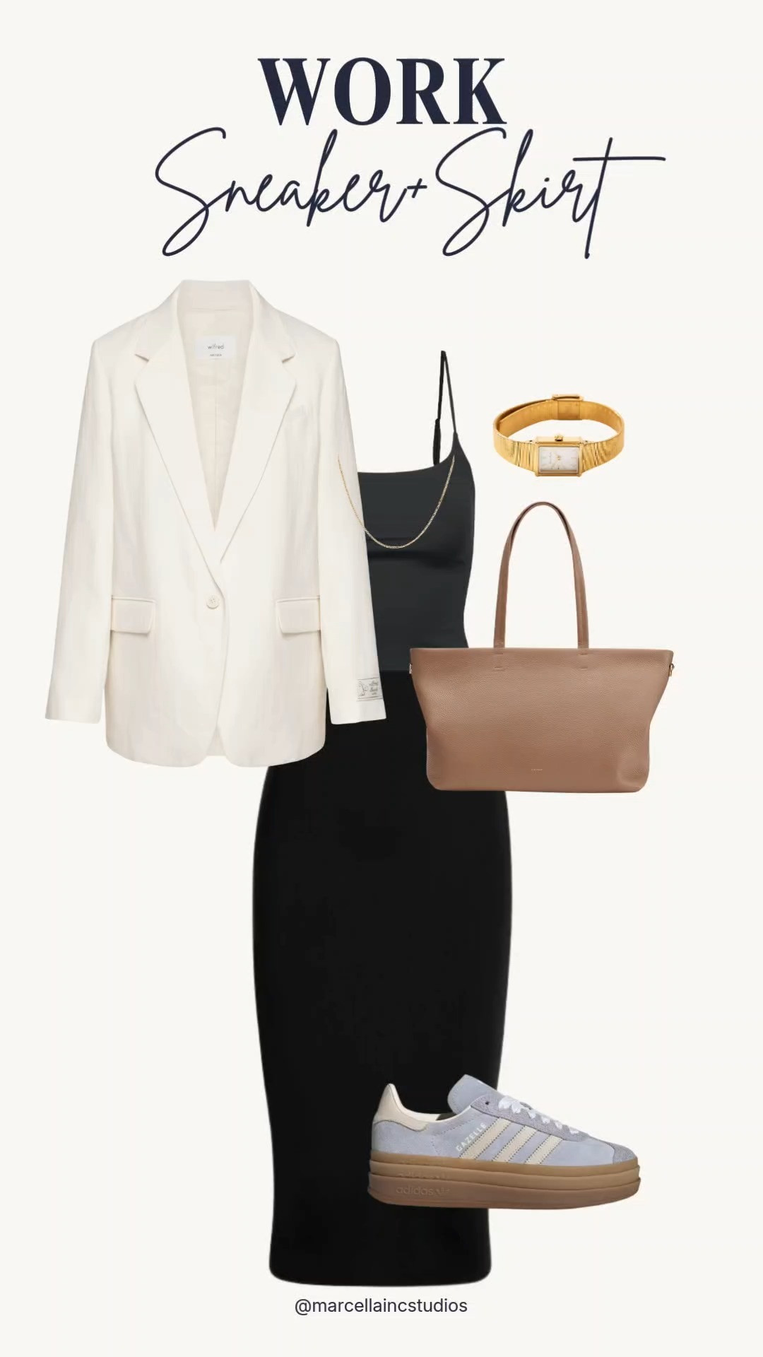 Summer work outfit formula: white blazer + black pencil skirt + adidas samba. Aritzia blazer, Commando skirt, Cuyana tote. TTS on everything. 
#LTKStyleTip  #aritzia #adidas #gazelle #gazelleoutfit

#LTKootd #LTKOver40 #LTKWorkwear