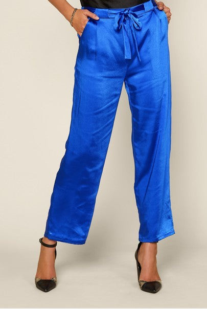 Royal Blue Satin Pants | Peppered with leopard