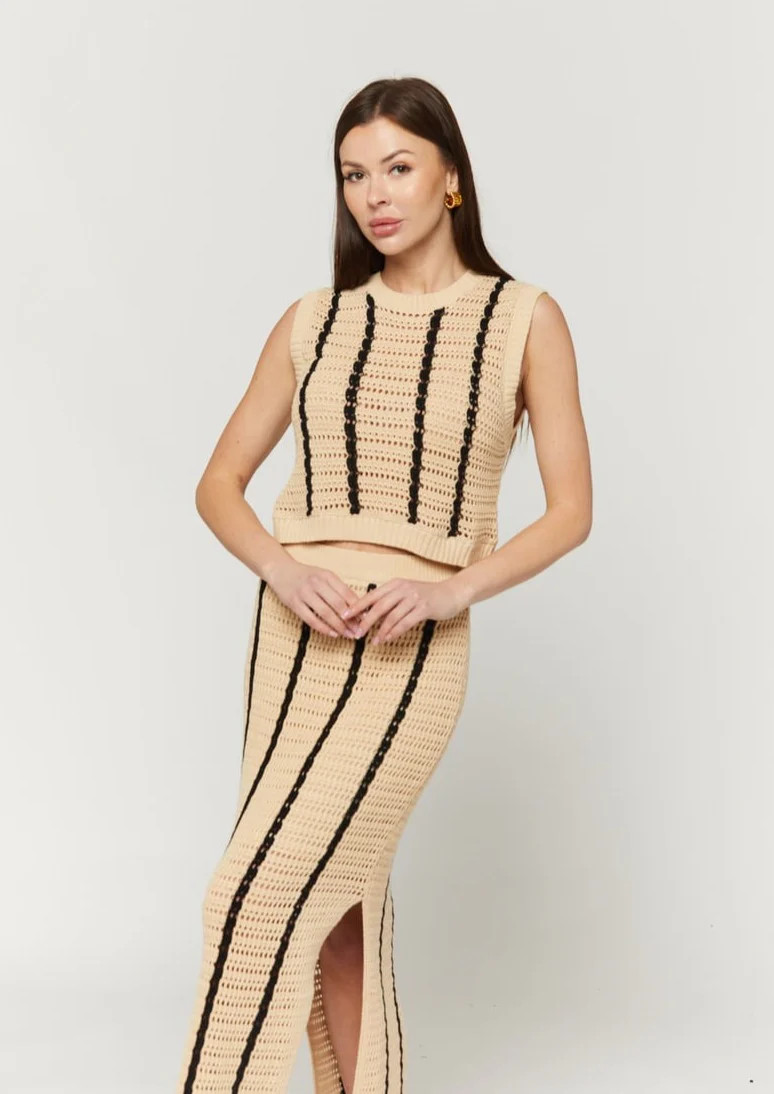 Silvia Striped Crochet Tank - tan/black | Benaar La
