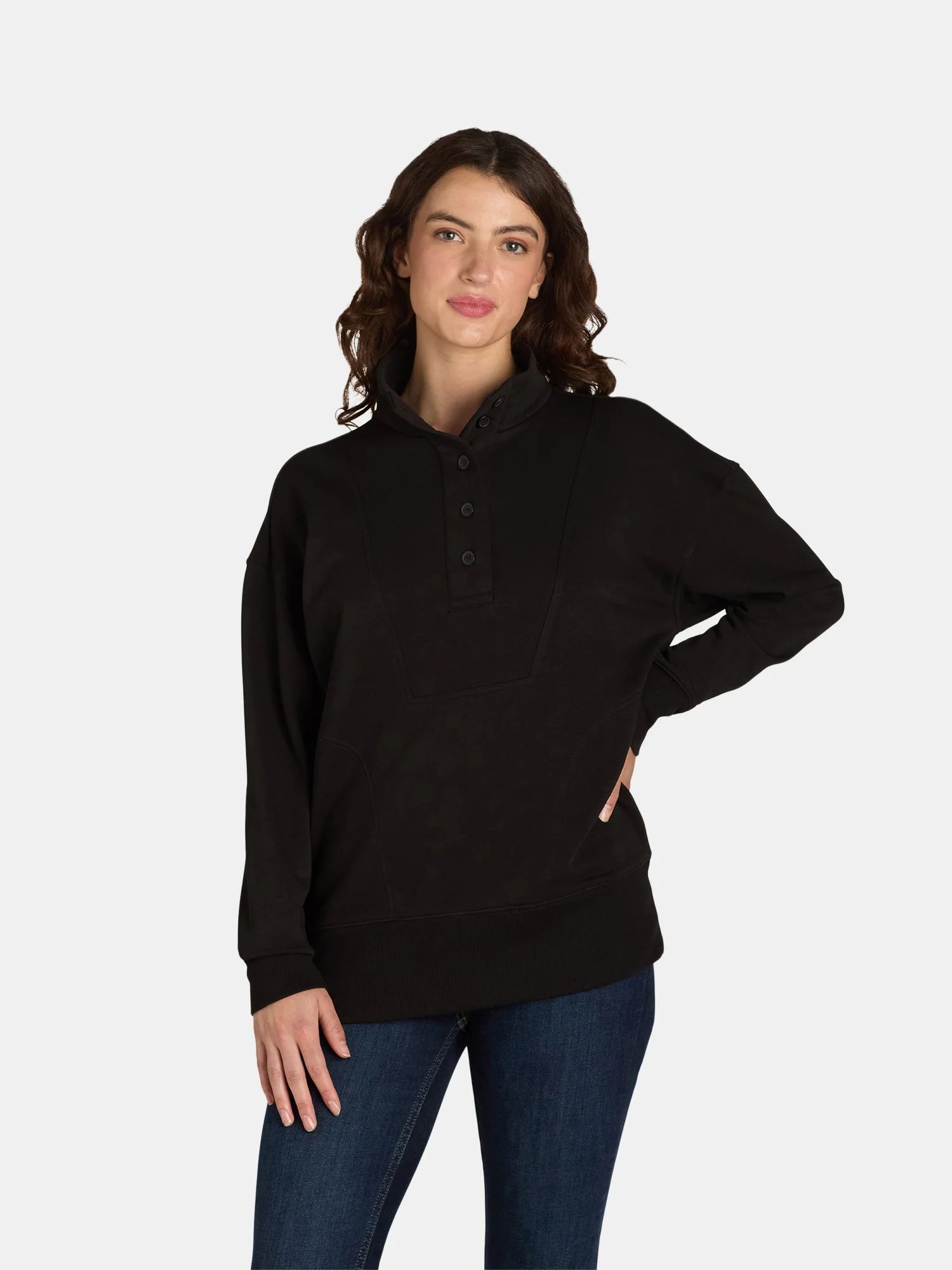 Time and Tru Women's Mock Neck Sweatshirt with Button Placket, Sizes XS-XXXL | Walmart (US)