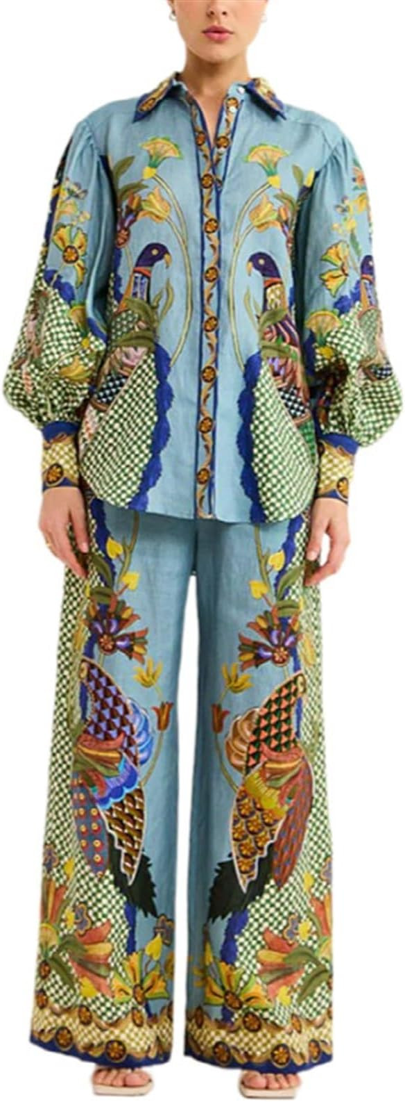 Autumn Fashion Personalized Printed Bubble Sleeves Holiday Lace Two Piece Set for Women (Color : ... | Amazon (US)