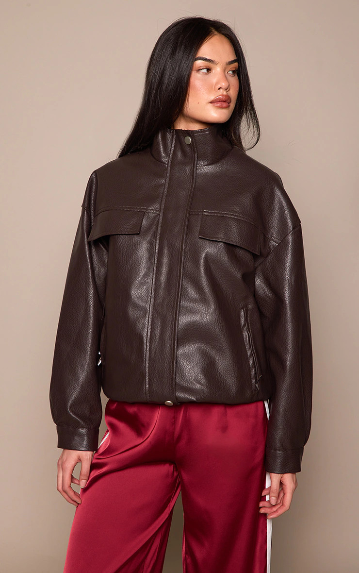 Chocolate Funnel Neck Concealed Placket Faux Leather Jacket | PrettyLittleThing UK
