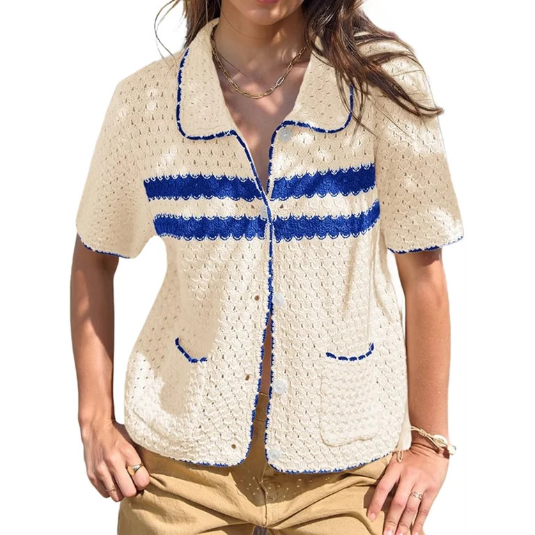 Womens Striped Short Sleeve Sweater Casual Knitted Button Down Crochet Cardigan Vintage Y2k Hollo... | Walmart (US)