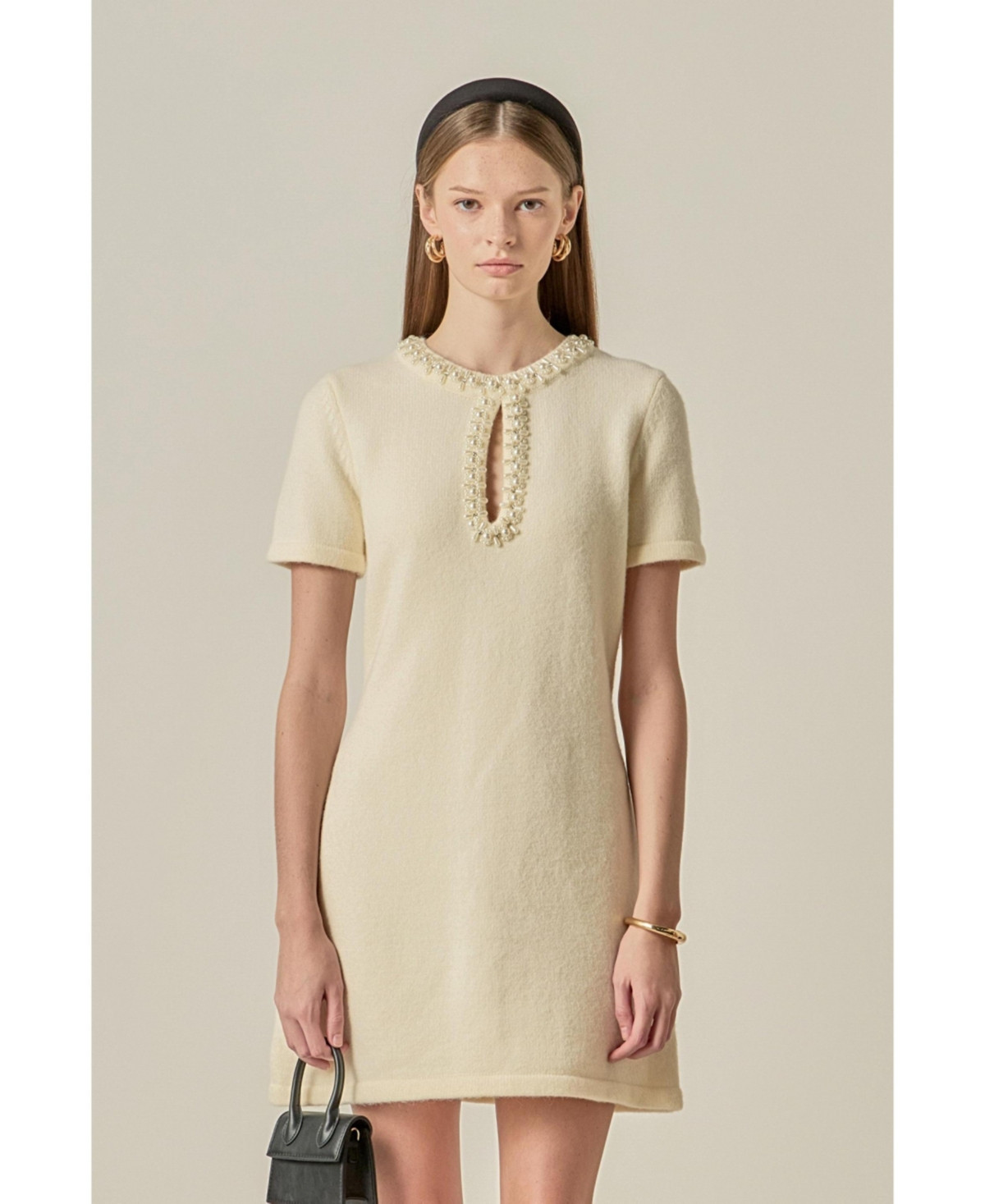 English Factory Women's Pearl & Rhinestone Key Hole Knit Mini Dress - Off white | Macy's