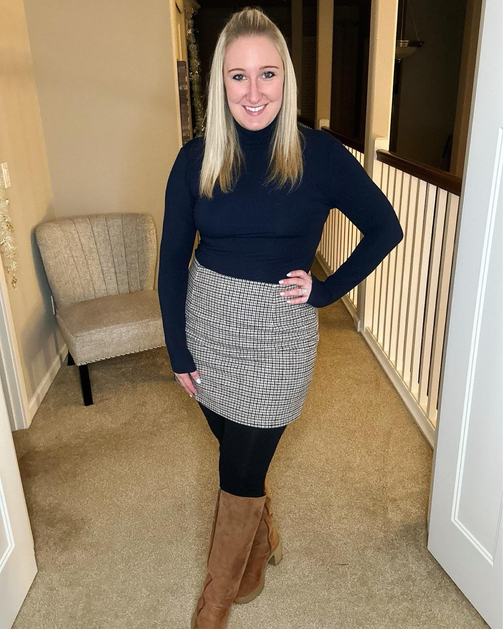 I LOVE everything about this outfit! I love this skirt and have the same one in several colors/patterns! This is also my favorite turtleneck... so soft, stretchy and extremely comfortable! Added my favorite tights, some boots, and a navy blue hair bow! 

#LTKstyletip #LTKfindsunder50 #LTKSeasonal