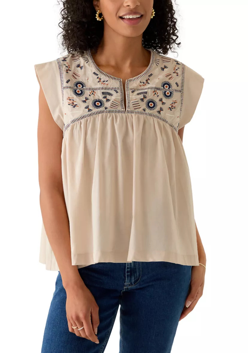 Women's Cap Sleeve Embroidered Yoke Top | Belk