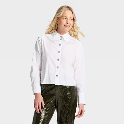 Women's Long Sleeve Embellished Button-Down Shirt - A New Day™ White | Target