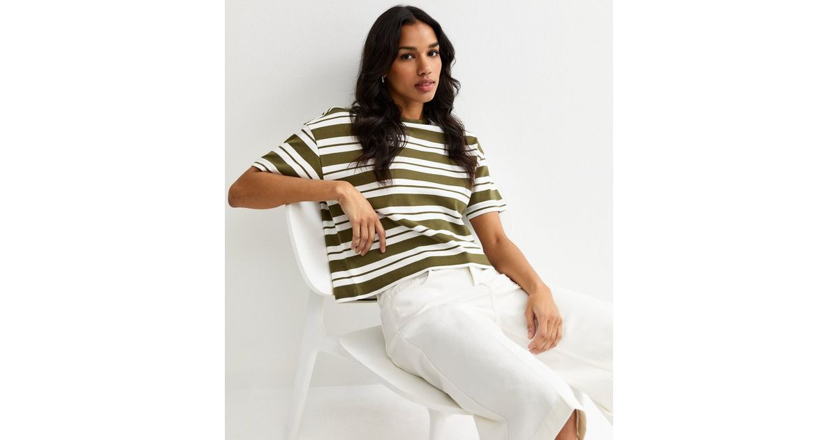 Green Striped Premium Heavyweight Cotton Tee | New Look | New Look (UK)