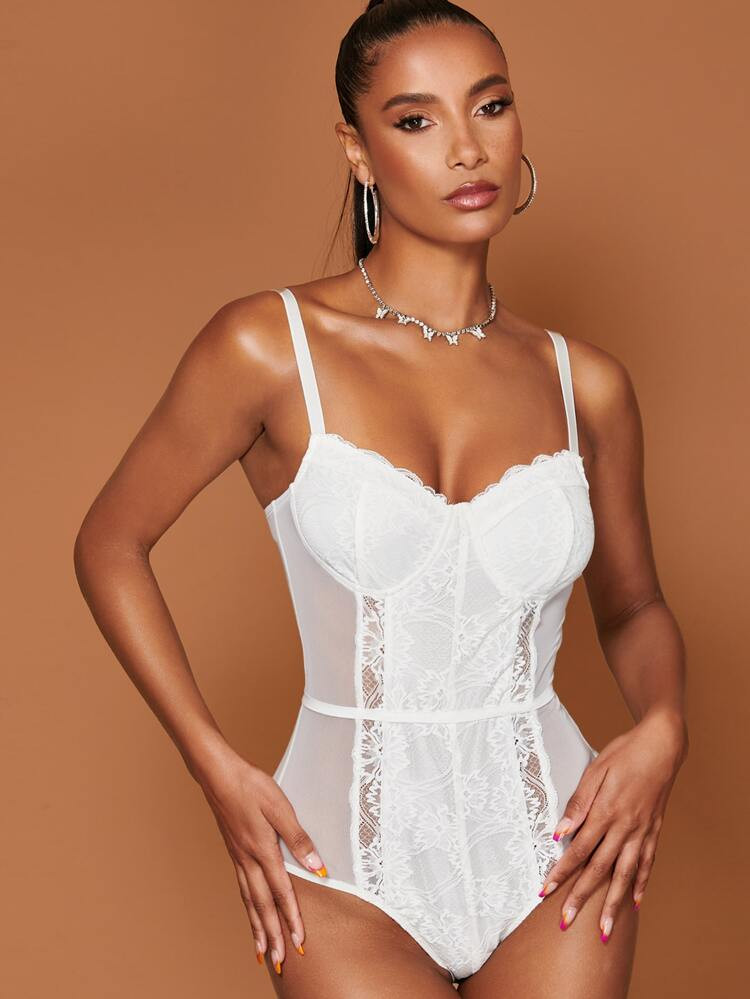 New
     
      SHEIN BAE Floral Pattern Contrast Lace Mesh Cami Bodysuit | SHEIN