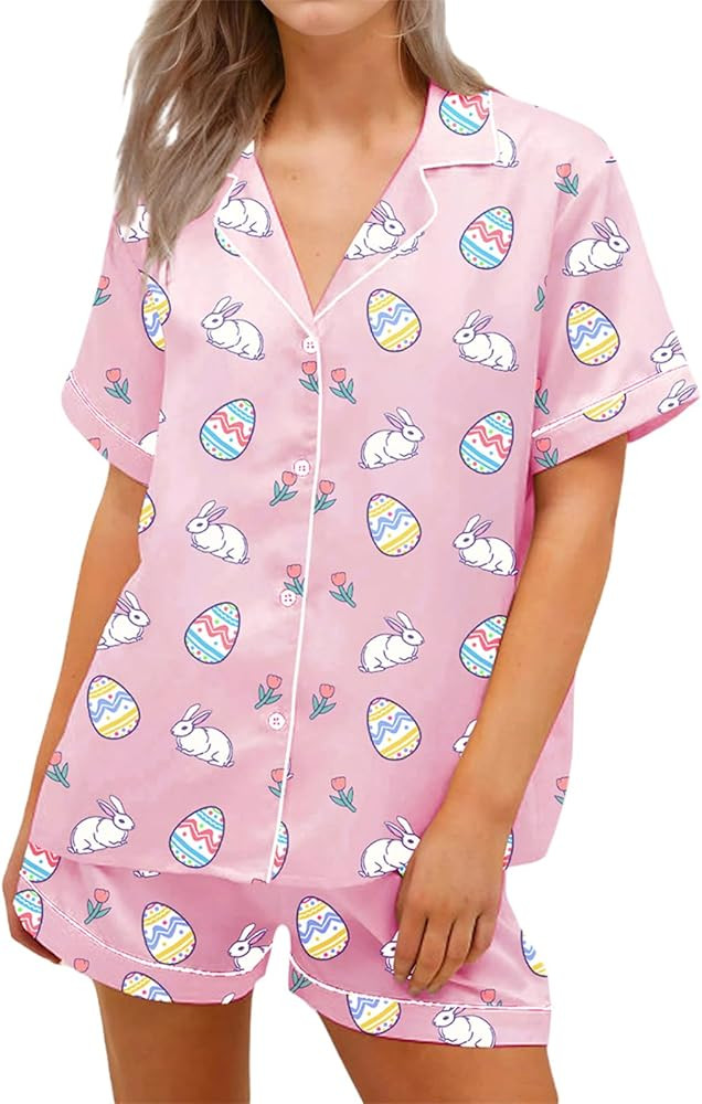 RUEWEY Women Easter Pajamas Set Bow/Rabbit Print Button T-Shirt and Elastic Shorts for Loungewear... | Amazon (US)