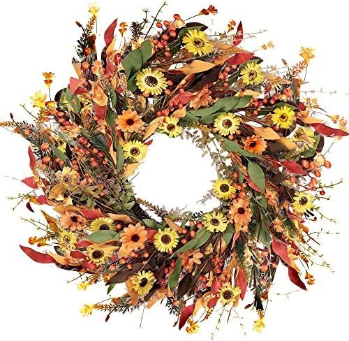 Sggvecsy Fall Wreath 22’’ Harvest Wreath Autumn Front Door Wreath with Daisies Leaves Red Ber... | Amazon (US)